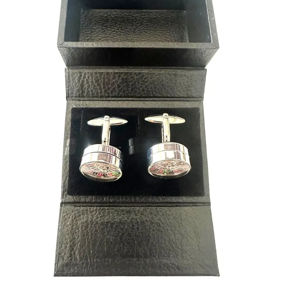 Spinning Roulette Wheel Cufflinks – Silver-Tone with Enamel